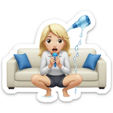 cartoonish blond woman sitting on her knees with surprised expression, wide cartoonish stick with a D-shaped knob coming out of a pair of pants hanging in front of her face, water stream squirting from the flat side of the knob into her open mouth, white couch in the background sticker