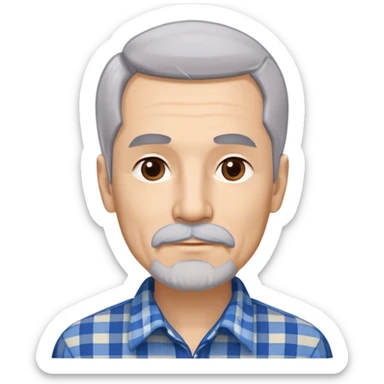 Thin older Hispanic man with light complexion. Elongated slim face with wise expression. Relaxed brown eyes. Long straight fine gray-white hair that covers the ears with soft fringe in front. White mustache connected to chin beard. Lean physique. Wearing a beige and blue plaid long-sleeved shirt. sticker