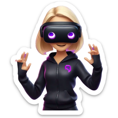 Russian girl wearing black hoody with violet letters "OMG", in vr headset oculus quest2. Dancing. Cyberpunk style. Violet neon. sticker