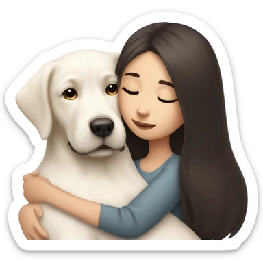 long dark brown hair girl cuddling a cute white Labrador  sticker