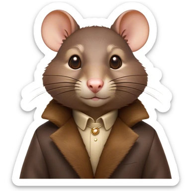 Cinematic Noble Brown Rat Portrait Emoji, Poised and alert, with a sleek, agile build and a smooth, well-groomed coat of warm brown fur, beady, determined eyes, Simplified yet sharp and sophisticated features, highly detailed, glowing with a soft, dignified glow, high shine, intelligent and resourceful, stylized with an air of urban savvy, focused and attentive, soft glowing outline, capturing the essence of a watchful and confident rat that feels as though it could scurry out of the screen with effortless authority! sticker