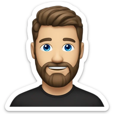White man with a sun kissed tan, blue eyes and dark brown hair, styled sideways backwards. He has a beard and mustache trimmed. Wears s black t-shirt. sticker