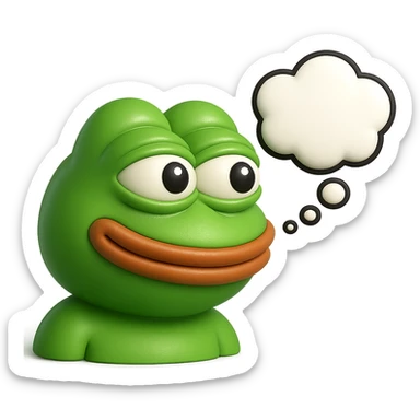 make a pepe in bright green smiling with thought bubble looking at right right in 3d style, good highlights and shadows, drop shadows sticker