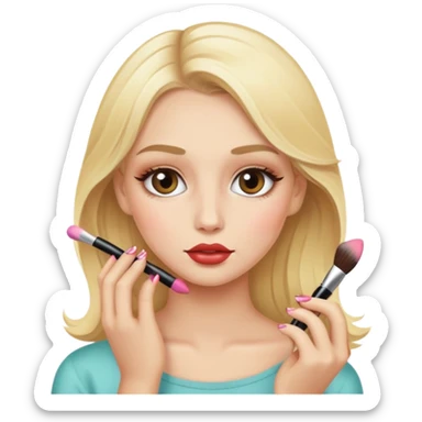 A blonde girl putting on makeup sticker