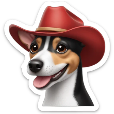 rat terrier wearing a cowboy hat and red collar smiling no brown (black and white) thumbs up sticker