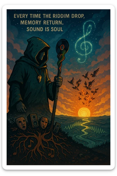 Create a mythical, animated-style poster set in a timeless world where sound is sacred. At the center, a hooded guardian of rhythm stands on a hill, overlooking a vast land shaped like a giant soundwave.

He holds a staff made of melted vinyl records, glowing with faint reggae colours — red, gold, and green. Around his neck is a lion’s fang pendant, and behind him, a swirling constellation shaped like a treble clef lights the sky.

From the earth, roots twist upward into musical notes, connecting instruments, speakers, and ancestral masks half-buried in the soil.

A flock of birds made from broken headphones and fire rises from the horizon — flying toward a glowing sun that pulses like a subwoofer.

Below, scattered across the valley, are tiny glowing embers — each one representing a soul still dancing, still alive.

In the sky, faint words form from the clouds:
“Every time the riddim drop, memory return. Sound is soul.”

The artwork should feel ancient, futuristic, and sacredly street — part graffiti, part prophecy, part roots revival. sticker