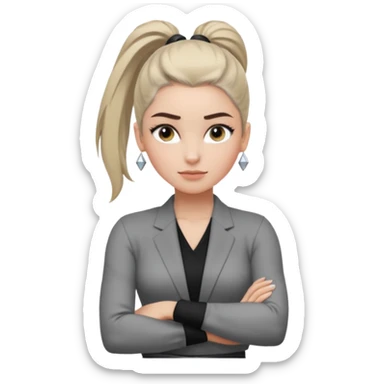 ทำสีตาสีเทาเท่ ๆ มีประกายคม
คิ้วได้รูป มองแล้วดูสตรอง
ผมหางม้าสูง
ลุคสตรีทแฟชั่น
ท่าโพสกอดอก
ฟีล: Girl Boss, cool beauty, minimal but powerful sticker