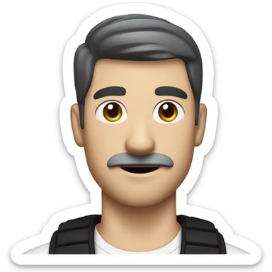 white man with a small square moustache and black side swept bangs short hair holding up his arm sticker