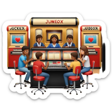 Birdseye view of large study space with students working separately add students add a jukebox sticker