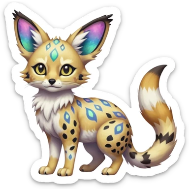 Rare iridescent white exotic epic aesthetic colorful Trico-Eevee-Serval-Genet-species-Fakemon-hybrid-creature, with intricate tattoo markings, full body sticker