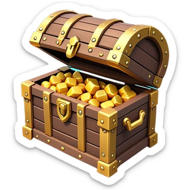 Clash of Clans aesthetic: Cinematic Playful 3D Isometric Treasure Chest Emoji, rendered in a 3D vector-style similar to standard emojis with minimal shading and bold, simplified shapes. A compact, distinct form with signature details, softly glowing with a fantasy RPG magic charm. Simplified yet unmistakably iconic, highly detailed and consistent, glowing with a soft radiance and high shine. Stylized with a touch of heroic grandeur and a soft glowing outline, capturing the essence of a beloved gaming relic with a friendly, playful manner! sticker