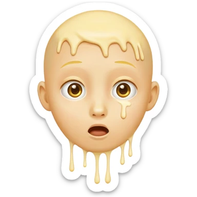 surprised face, classic emoji, 😮, yellow circular, genderless, hairless, white cream dripping from cheeks, white cream in mouth sticker