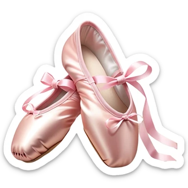 Cinematic Realistic Ballet Shoes, soft satin pink pointe shoes with delicate ribbons, resting gently on a polished wooden floor, subtle creases in the fabric, glowing under the warm golden light of a rehearsal studio, evoking elegance and grace. sticker