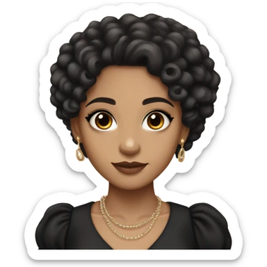 Light skin girl with very long black curly hair, brown eyes, black Chanel dress sticker