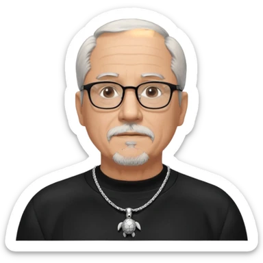 Tony Barceló is a large, strong, lively man in his 70s with short, neatly combed gray hair and a trimmed goatee. broad round face, square glasses, and a confident presence. a black outfit with a silver turtle necklace, reflecting his thoughtful, creative energy as a writer. a stubble  sticker