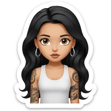 a pretty tan bratz girl with long wavy black hair, wearing a white tank top. with full tattoos sticker