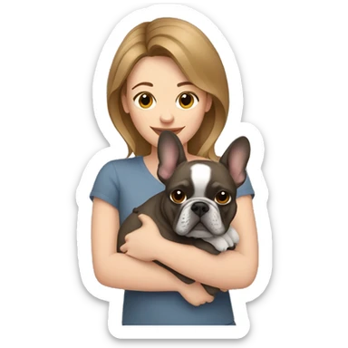 light brown hair woman hugging a dark gray french bulldog sticker