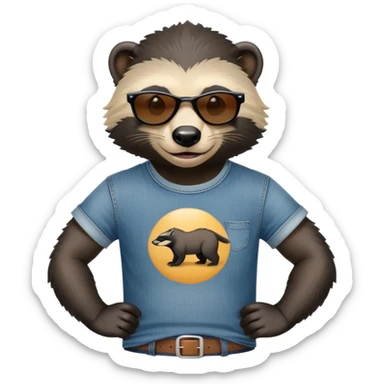 friendly anthropomorphised honey badger in jeans and a t-shirt, wearing sunglasses, head and shoulders view sticker