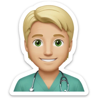 a male doctor with green scrubs, blonde hair middle part, light blue eyes, smiling, ios quality sticker