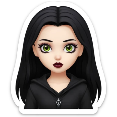 goth bratz baddie, beautiful hazel eyes, long black gothic hair style, black goth clothes sticker