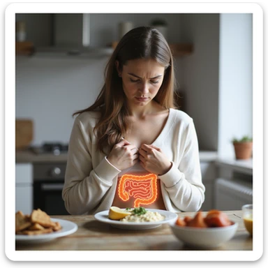 adult woman, photorealistic, on diet to fix intestines, discomfort expression, sitting at table with healthy food, illustration of intestines highlighted on abdomen, natural light, kitchen background sticker