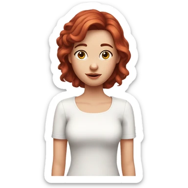 girl with kinda dark redhead hair with many freackles all over face and arm who hold an iphone 15 pink and is dressed with a white top sticker