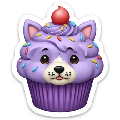 cupcake with pastel lavender frosting decorated to look like a dog face sticker