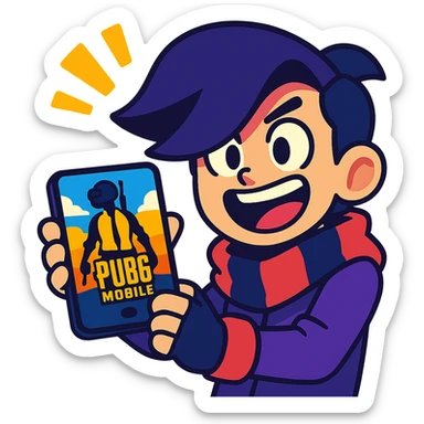 Edgar from Brawl Stars holding a phone with PUBG Mobile on the screen, excited expression, colorful, cartoon style sticker