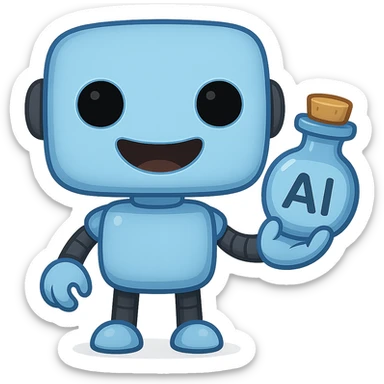 Edit the time elixir bottle in the robot's hand by replacing the clock symbol with the text 'AI'. Keep the rest of the image the same, including the transparent background and the light blue (#b0f2f8) cute robot. The original style is apple emoji style, but since it does not support editing, use the generic GPT Image style while preserving the apple emoji style look. sticker