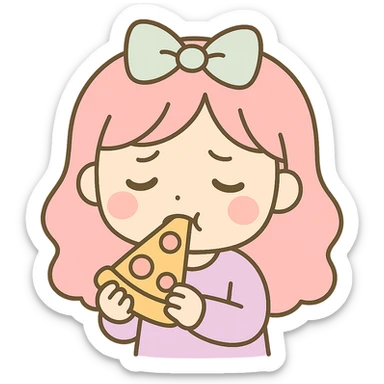 Make the girl eat pizza and look like she is not enjoying it, same kawaii chibi anime style, flat pastel colors, thick outlines, simple cute features, transparent background. sticker
