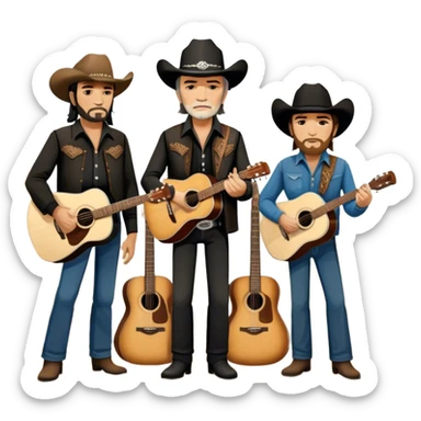 Icon for Country Music: The Highwaymen—Johnny Cash, Willie Nelson, Waylon Jennings, and Kris Kristofferson—standing together with guitars, cowboy hats, and rugged outlaw country aesthetics. Warm tones, western scenery hints, and a transparent background. sticker