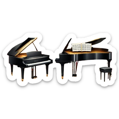 Icon for Musical Theater: a vintage stage with Broadway-style curtains, a piano, musical notes, a spotlight, and a jazz band setup. The icon should reflect the vibrant and glamorous atmosphere of 1950s American musical theater, with emphasis on performance and showmanship. Transparent background. sticker