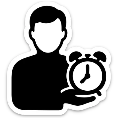 A man with brown hair holding a red alarm clock sticker