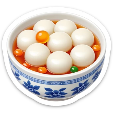 Lantern Festival tangyuan sweet rice balls in syrup with festive elements, simplified emoji style with bold outlines and bright colors, cartoon style colorful glutinous rice balls sticker