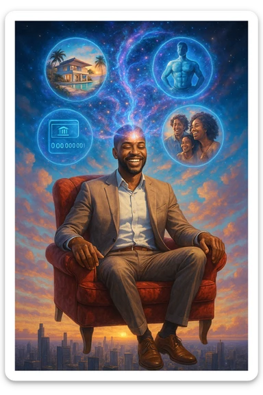 Un uomo sorridente e radioso, in abito elegante ma rilassato, seduto su una poltrona di velluto rosso fluttuante nel cielo sopra una città moderna. Dal suo terzo occhio (sulla fronte) si sprigiona un ologramma cosmico che mostra le sue visualizzazioni: una villa sul mare, un conto bancario con cifre infinite, un corpo atletico e persone felici intorno a lui sticker
