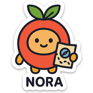 cute nutrition guide named Nora, round icon character, fruit or vegetable motif, smiling, holding tiny map or compass sticker