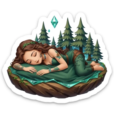 cute forest witch woman long wavy brown hair tattoos napping on crystal sticker