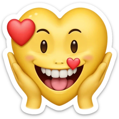 yellow emoji face holding a heart and hes so happy with so happy with teeth and tongue and toes growing out of the top of its head. his eyes have been plucked out and are now eyeless sockets sticker