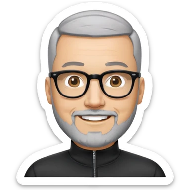 Man with light skin, buzz cut black hair, short peppered gray beard, large black-framed glasses, smiling face, black long sleeve athletic shirt with zippered high neck sticker