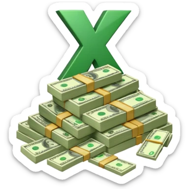 cash pile, make bills rectangular, next to a "10x" factor, looking like 10x CASH PILE, the number 10 and letter x, precede the cash pile, on the same level so it looks like "10x" and to its right, the cash pile sticker