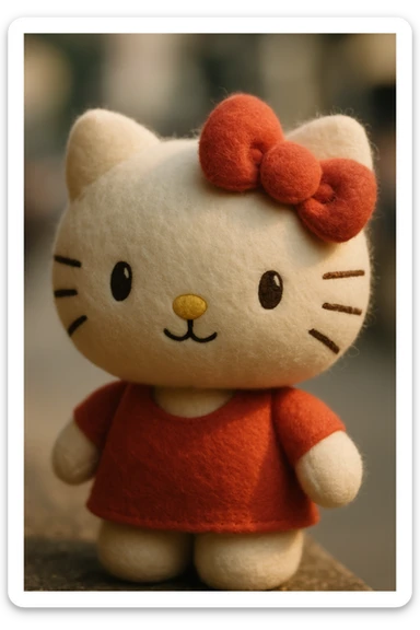 Hello Kitty, 3D plush toy style, white cat with a red bow, soft texture sticker