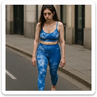 A slender woman in 4K, walking slowly down the street, with curved shoulders, dragging steps, an empty expression, and bags under her eyes, inspired by the reference photo. sticker