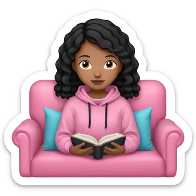 Una chica linda de cabello negro con ondas hasta los hombros de piel blanca con una sudadera rosa en un sofá cómodo y hermoso leyendo la biblia sticker