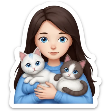a girl with long dark 
brown hair, with blue eyes, in a
white sweater, hugs 3 different natural coloured cats sticker