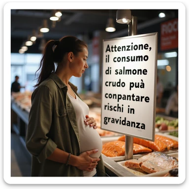 realistic pregnant woman in 4K reading a large, clearly visible informational sign in a modern fish market, the sign says: “Attenzione, il consumo di salmone crudo può comportare rischi in gravidanza”. The woman looks at the sign and touches her belly. sticker