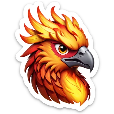 Cinematic Fierce Battle-Hardened Mystical Fire Phoenix Portrait Emoji, head tilted with an aggressive, unwavering gaze that speaks of relentless combat. The flame-kissed form is marked by rugged, charred feathers and vivid battle scars. Its blazing eyes radiate raw intensity and steely resolve, rendered with lifelike detail and stark natural lighting, high shine, channeling an aura of unyielding warlike energy and valor, softened by a dynamic glowing outline that highlights its battle-earned ferocity. sticker