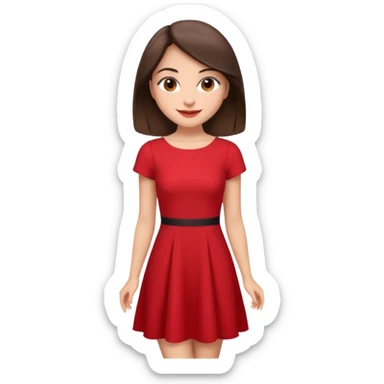 Cartoon emoji of a young brunette woman with fair-medium skin, brown eyes, wearing a red outfit. Full-height, standing confidently in a red dress  posing sexy with a smile and relaxed posture. Smooth, friendly, stylized, make up on, flirty eyes and smile sticker