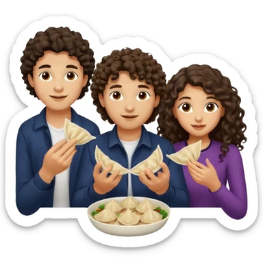 Can you create an emoji of three 23 year olds eating dumplings. One boy with wavy curly hair one Jewish girl with long dark brown curly hair and one half Indian / half white girl with mid length dark brown hair. All brown eyes sticker