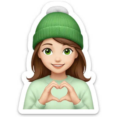 peaceful brown hair girl blinking eyes stylish in a green beanie hat in white sweater smiling making heart from her hands  sticker