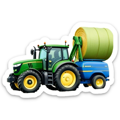 Baler – New Holland Roll-Belt 560 (2018) – Cinematic-realistic John Deere 6155M tractor towing a New Holland Roll-Belt 560 baler, its deep green body contrasting with the bright blue baler. The massive machine moves steadily through golden fields, compressing freshly cut hay into tight round bales, while dust swirls under the blazing afternoon sun. sticker